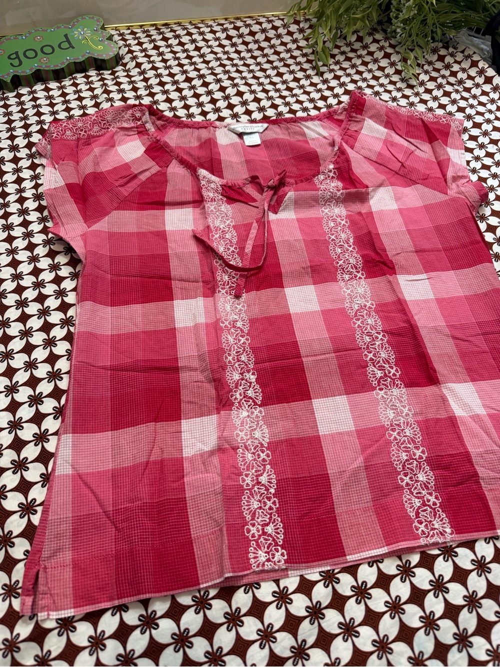 Christopher & Banks Pink Plaid Tie-Front Embroidered Top